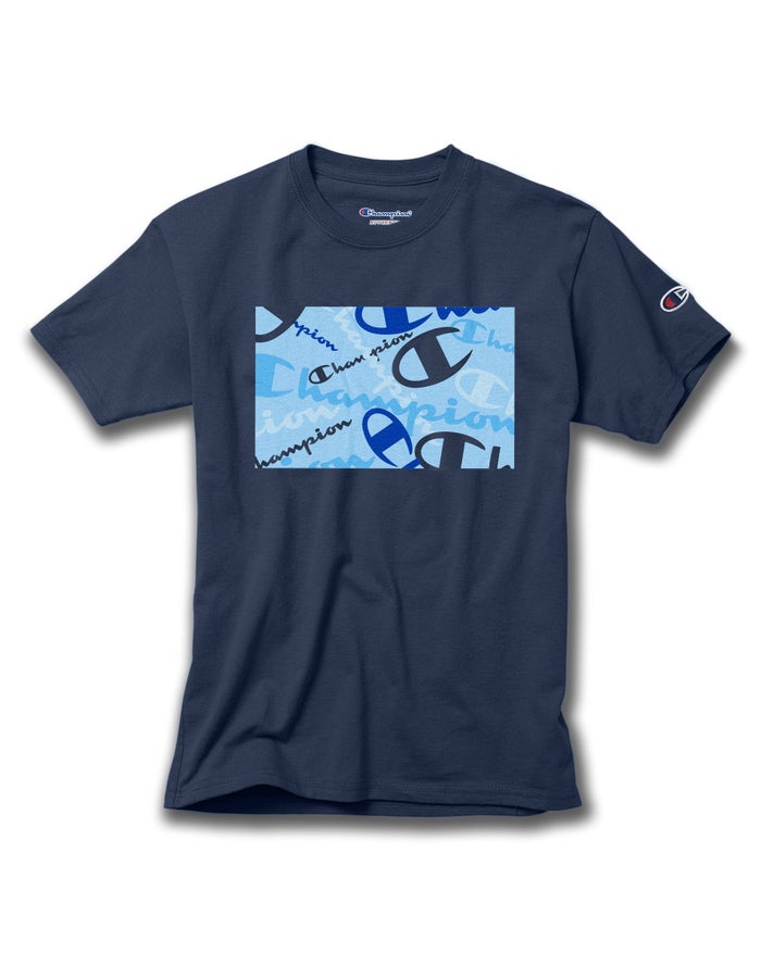 Champion Girls T-Shirt NZ - Cotton Scattered Logos Navy ( 7024-BZEJV )